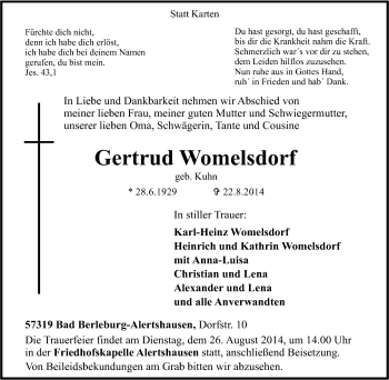Traueranzeige von Gertrud Womelsdorf von Tageszeitung