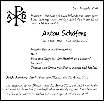 Traueranzeige von Anton Schäfers von Tageszeitung