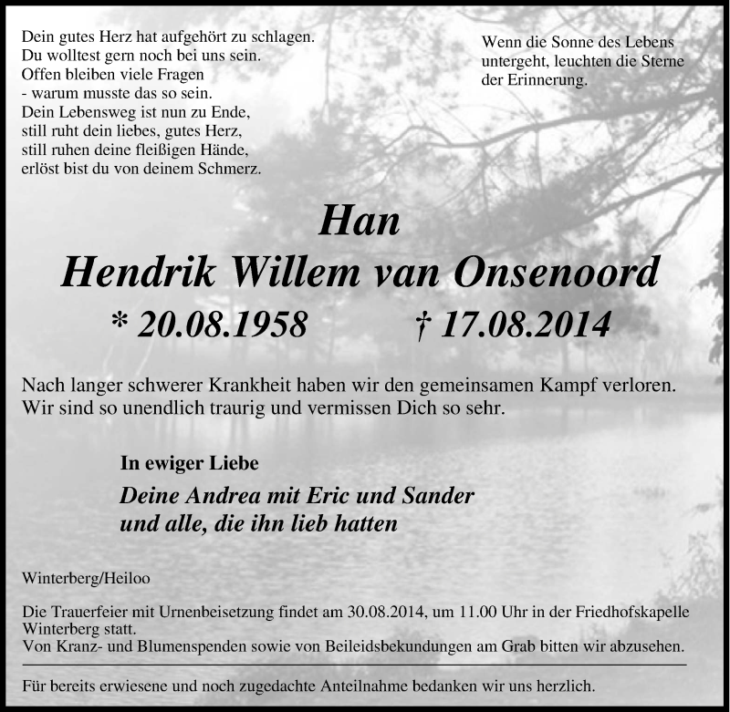  Traueranzeige für Han Hendrik Willem van Onsenoord vom 27.08.2014 aus Tageszeitung