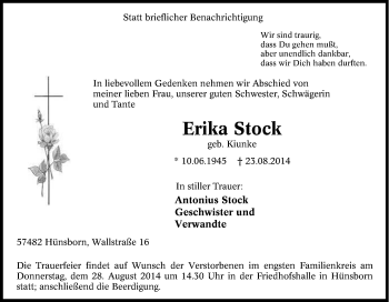 Traueranzeige von Erika Stock von Tageszeitung