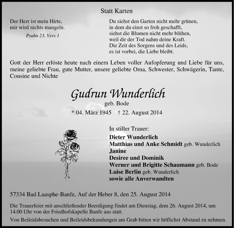  Traueranzeige für Gudrun Wuniertich vom 25.08.2014 aus Tageszeitung