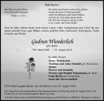 Traueranzeige von Gudrun Wuniertich von Tageszeitung