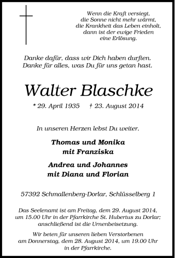Traueranzeige von Walter Blaschke von Tageszeitung