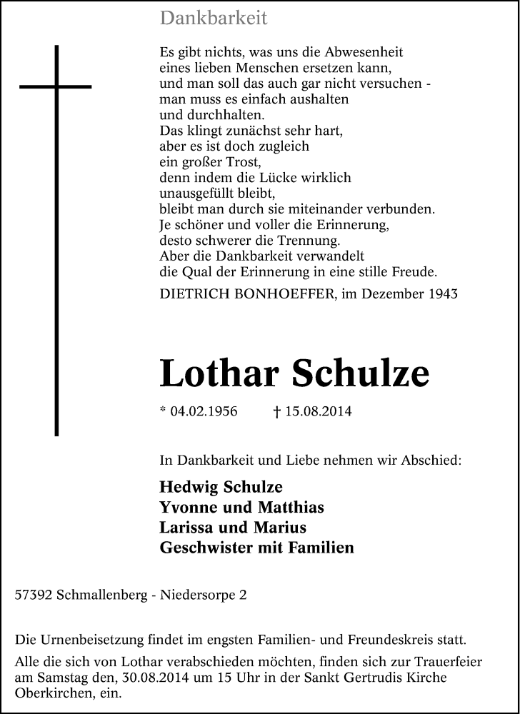  Traueranzeige für Lothar Schulze vom 26.08.2014 aus Tageszeitung