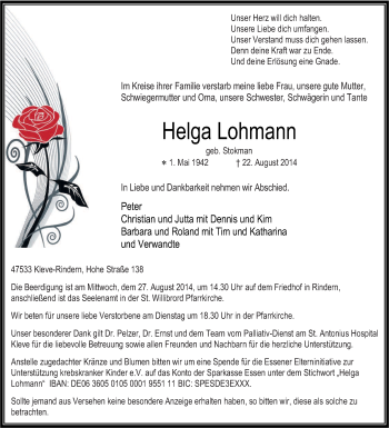 Traueranzeige von Helga Lohmann von Tageszeitung
