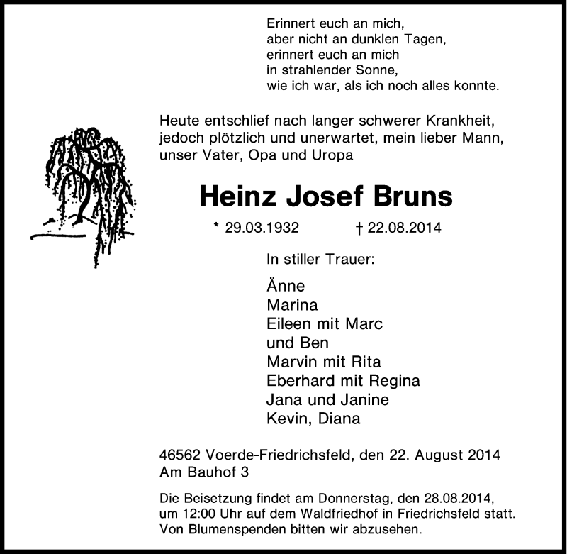  Traueranzeige für Heinz Josef Bruns vom 26.08.2014 aus Tageszeitung