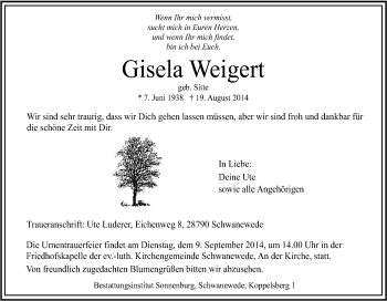 Traueranzeige von Gisela Weigert von Tageszeitung
