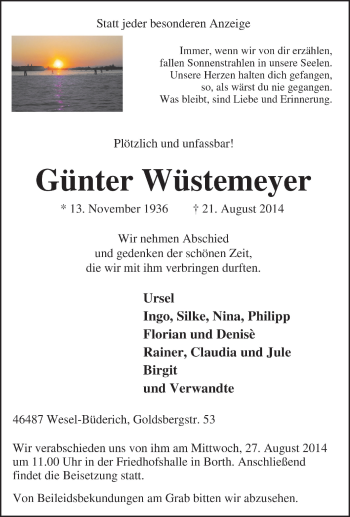 Traueranzeige von Günter Wüstemeyer von Tageszeitung