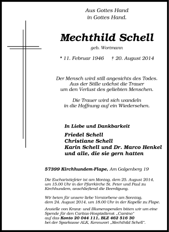 Traueranzeige von Mechthild Schell von Tageszeitung