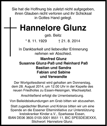 Traueranzeige von Hannelore Glunz von Tageszeitung