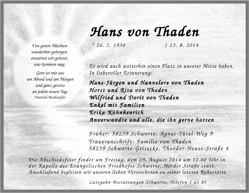  Traueranzeige für Hans von Thaden vom 26.08.2014 aus Tageszeitung