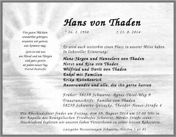 Traueranzeige von Hans von Thaden von Tageszeitung