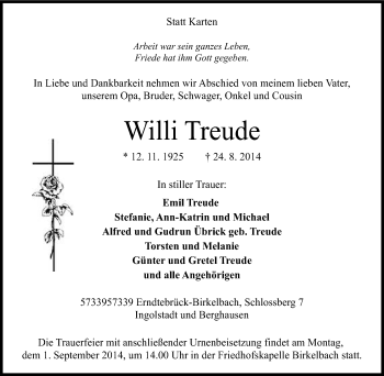 Traueranzeige von Willi Treude von Tageszeitung