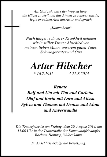 Traueranzeige von Artur Hilscher von Tageszeitung
