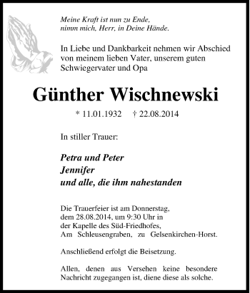 Traueranzeige von Günther Wischnewski von Tageszeitung
