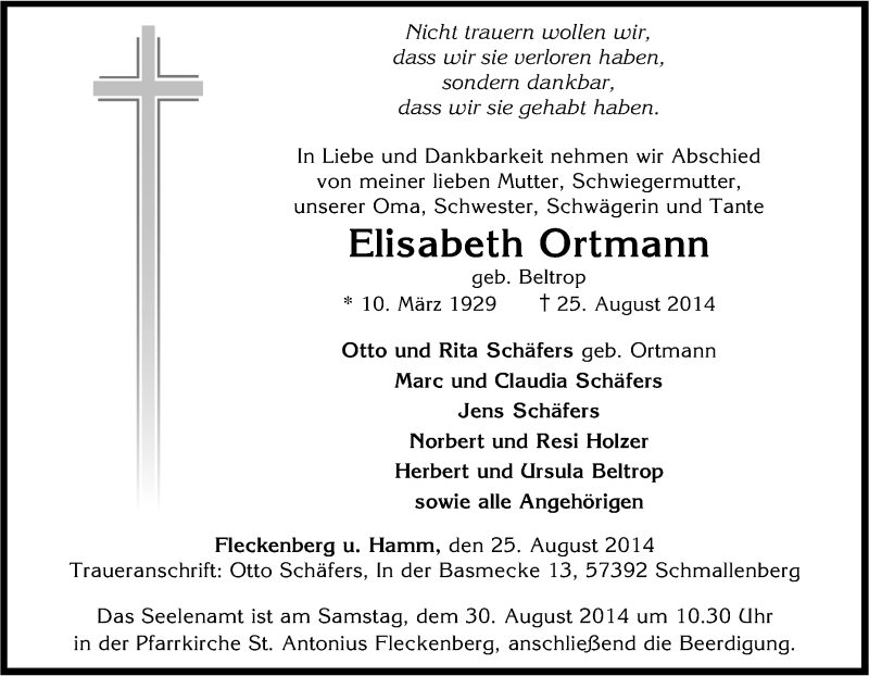  Traueranzeige für Elisabeth Ortmann vom 26.08.2014 aus Tageszeitung
