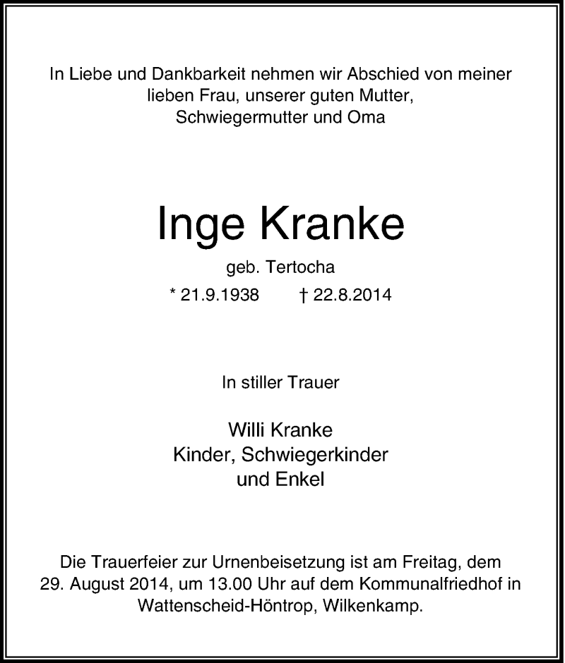  Traueranzeige für Inge Kranke vom 26.08.2014 aus Tageszeitung