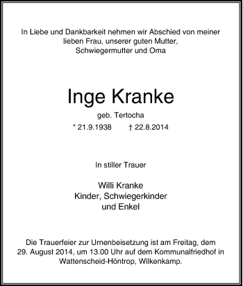 Traueranzeige von Inge Kranke von Tageszeitung