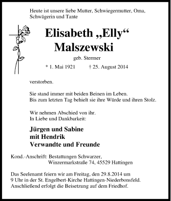 Traueranzeige von Elisabeth Malszewski von Tageszeitung