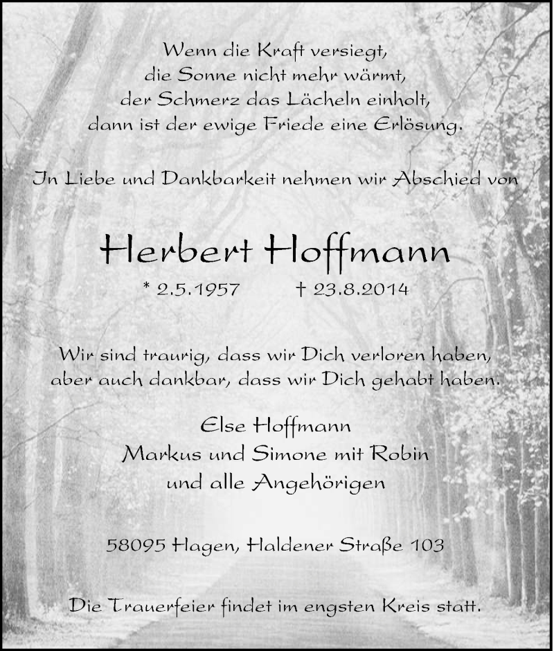  Traueranzeige für Herbert Hoffmann vom 26.08.2014 aus Tageszeitung