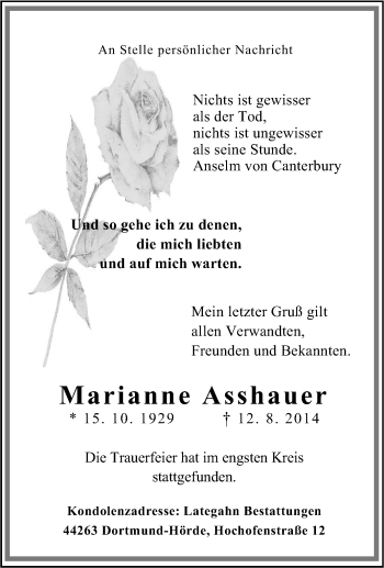 Traueranzeige von Marianne Asshauer von Tageszeitung