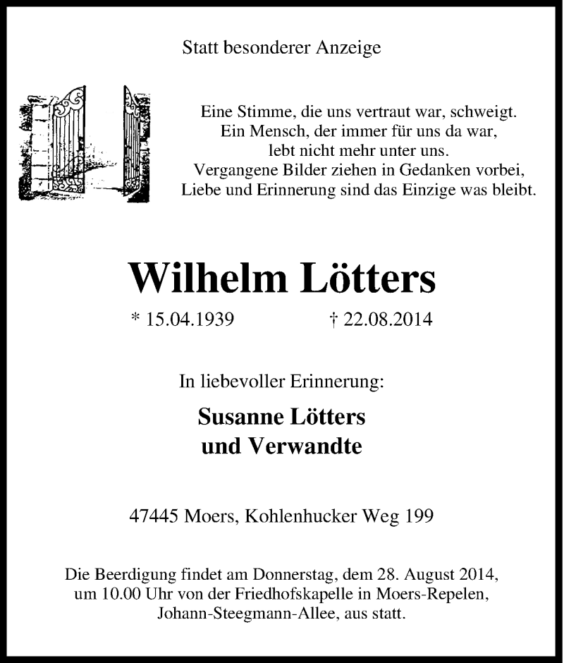  Traueranzeige für Wilhelm Lötters vom 27.08.2014 aus Tageszeitung