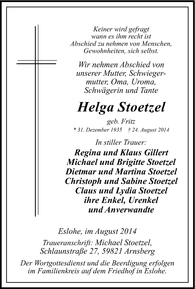  Traueranzeige für Helga Stoetzel vom 27.08.2014 aus Tageszeitung