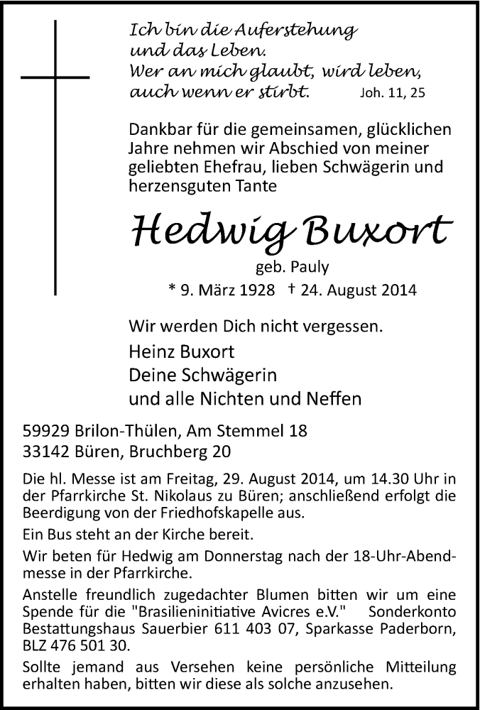  Traueranzeige für Hedwig Buxort vom 27.08.2014 aus Tageszeitung