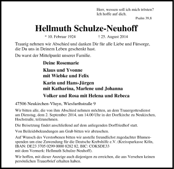 Traueranzeige von Hellmuth  Schulze-Neuhoff von Tageszeitung