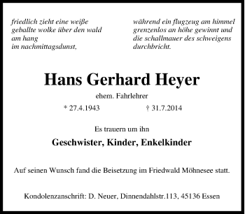Traueranzeige von Hans Gerhard Heyer von Tageszeitung