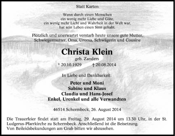 Traueranzeige von Christa Klein von Tageszeitung