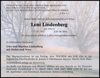 Traueranzeige von Leni Lindenberg von Tageszeitung