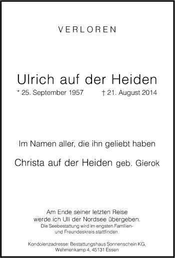 Traueranzeige von Ulirch auf der Heiden von Tageszeitung