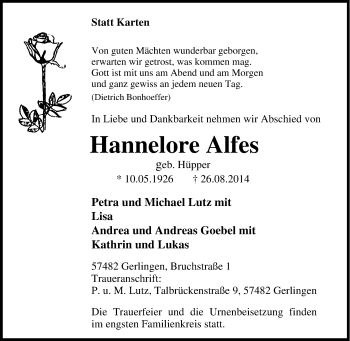 Traueranzeige von Hannelore Alfes von Tageszeitung