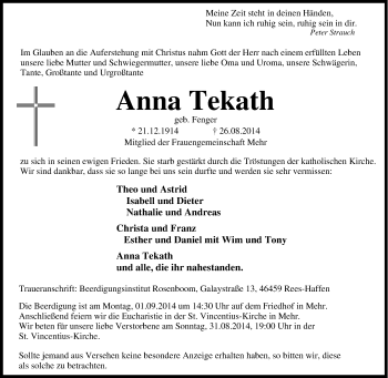 Traueranzeige von Anna Tekath von Tageszeitung