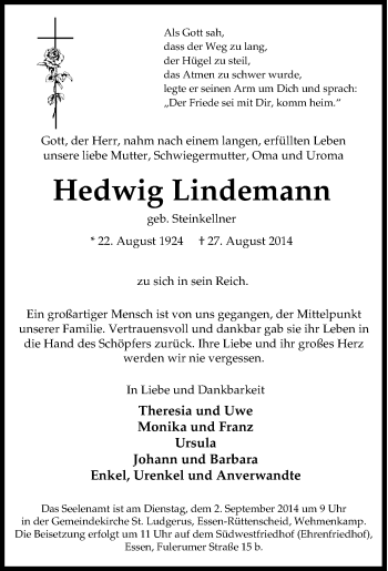 Traueranzeige von Hedwig Lindemann von Tageszeitung