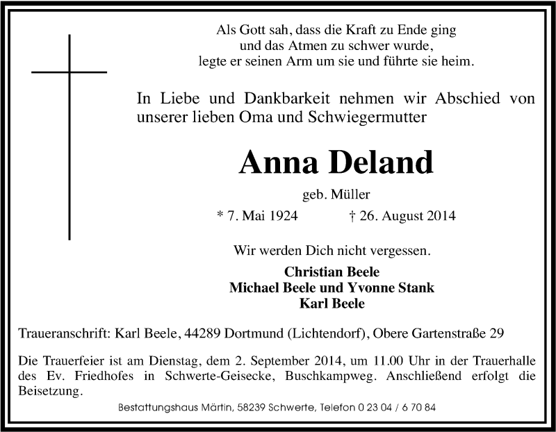  Traueranzeige für Anna Deland vom 28.08.2014 aus Tageszeitung