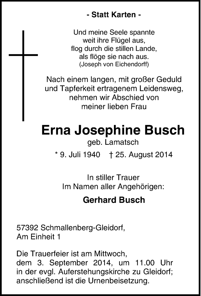  Traueranzeige für Erna Josephine Busch vom 30.08.2014 aus Tageszeitung