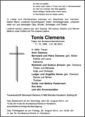 Traueranzeige von Tonis Clemens von Tageszeitung
