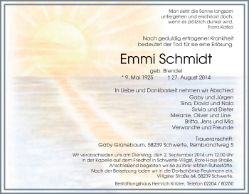 Traueranzeige von Emmi Schmidt von Tageszeitung
