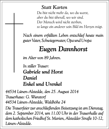 Traueranzeige von Eugen Dannhorst von Tageszeitung