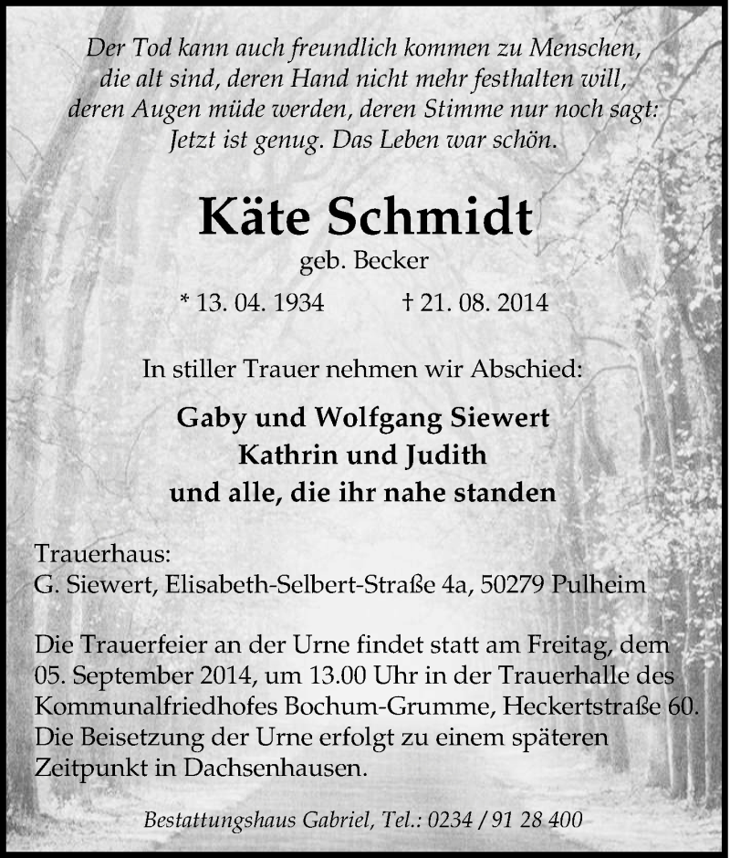  Traueranzeige für Käte Schmidt vom 30.08.2014 aus Tageszeitung