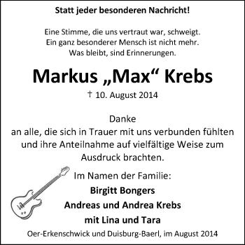 Traueranzeige von Markus Krebs von Tageszeitung