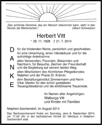 Traueranzeige von Herbert Vitt von Tageszeitung