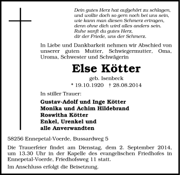 Traueranzeige von Else Kötter von Tageszeitung