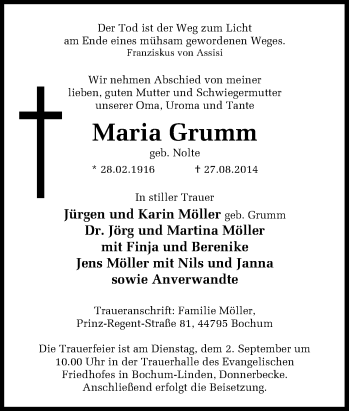 Traueranzeige von Maria Grumm von Tageszeitung