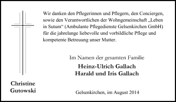 Traueranzeige von Christine Gutowski von Tageszeitung