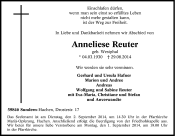 Traueranzeige von Anneliese Reuter von Tageszeitung
