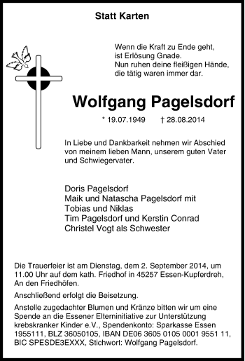 Traueranzeige von Wolfgang Pagelsdorf von Tageszeitung