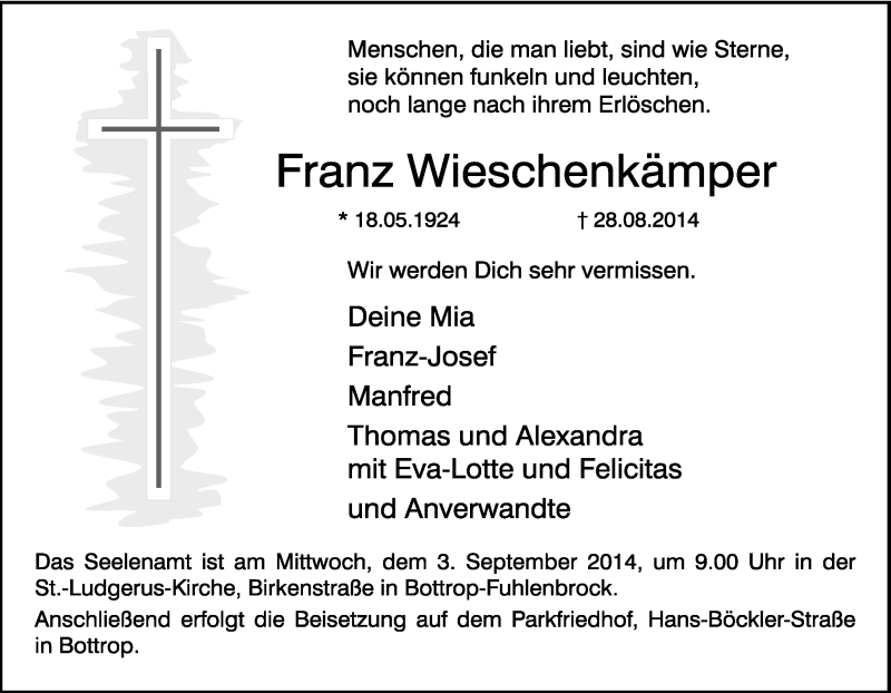  Traueranzeige für Franz Wieschenkämper vom 30.08.2014 aus Tageszeitung